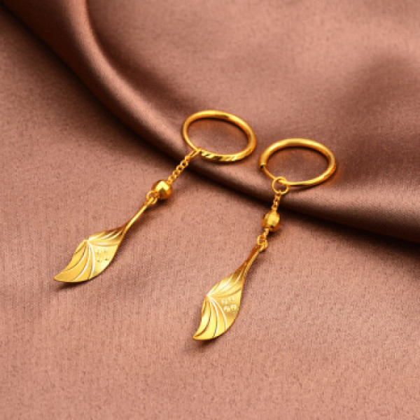 9黄金耳坠女长款叶子耳吊 黄金耳环 足金耳环 流畅线条 送妈妈