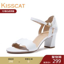 KISSCAT 接吻猫 KA97123-10 一字带粗中跟凉鞋