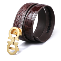 V.V.Brown 正宗鳄鱼皮皮带男式裤带真皮不锈钢扣头自动扣男士腰带中青年裤腰带v-lv8395款 棕色金扣【礼盒装】