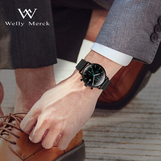 welly merck MAVIGATOR系列 WM006MMLBBL 男士石英手表 40mm 黑色 黑色 PVD镀黑不锈钢