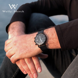 welly merck MAVIGATOR系列 WM006MMLBBL 男士石英手表 40mm 黑色 黑色 PVD镀黑不锈钢