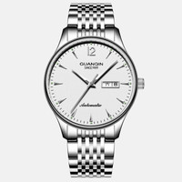 GUANQIN 冠琴 正品手表 男士商务简约全自动机械表 夜光双日历精钢带男表休闲潮流防水时尚腕表 精钢白面