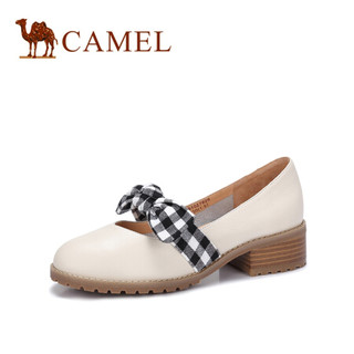 骆驼 女士 甜美格纹蝴蝶结牛皮低跟单鞋 A91027626 米白/花 34