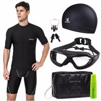 JIEHU 捷虎 男士泳衣套装备速干专业游泳衣男五分裤大码半袖分体防晒温泉漂流潜水服 61503黑+51503白条+8008电镀黑+PU L JH63501+51503套装 (61503黑+51503白条+8008电镀黑+PU 、 L 、其它、分体)