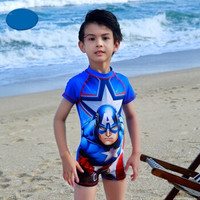 Disney 迪士尼 儿童泳衣 漫威系列复仇者联盟美国队长 中小童男童连体泳衣冲浪服蓝色 150 S19W2F0162A (蓝色、150、聚酯纤维、连体)