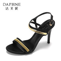 Daphne/达芙妮 夏性感超高跟女鞋 时尚拼接交叉一字带细跟凉鞋-