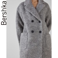 Bershka女士 灰色双排扣中长款羊毛呢大衣 06499602812