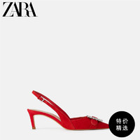 ZARA新款 女鞋 夏季红色别针露跟高跟羊皮革皮鞋单鞋 15208001020