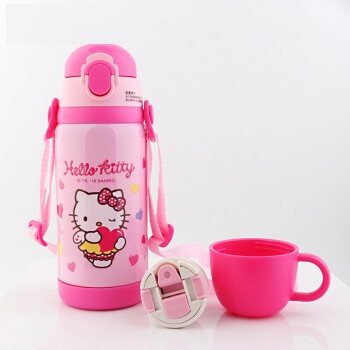 Hello Kitty 凯蒂猫 KT-3753 304不锈钢水杯学生女双盖带杯套 粉红色-400ML