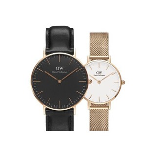 Daniel Wellington 丹尼尔惠灵顿 手表情侣丹尼尔惠灵顿手表情侣表对表- 黑皮黑盘金边男40mm+女28mm