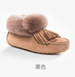 OZWEAR UGG 流苏圆头防水羊皮毛一体加绒保暖雪地靴（栗色）