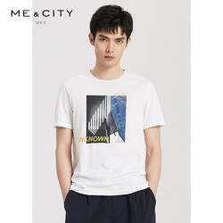 MECITY男装2019夏季新款时尚圆领印花情侣款短袖男士白色T恤男