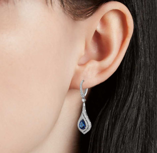 Blue Nile 18k白金 梨形蓝宝石与钻石双光环吊坠耳环（8x6毫米）
