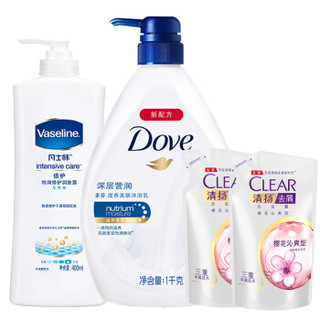 多芬(DOVE) 深层营润沐浴露1000g+凡士林特润润肤露400ml+清扬樱花袋装洗发水200gx2+凑单品