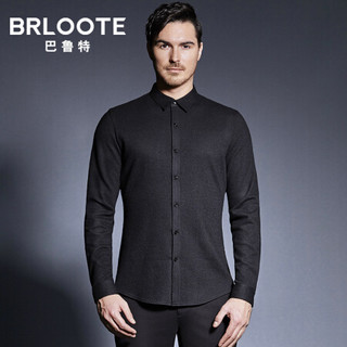 Brloote/巴鲁特羊毛棉衬衫男冬季弹力修身长袖休闲衬衣 黑色 175/96A