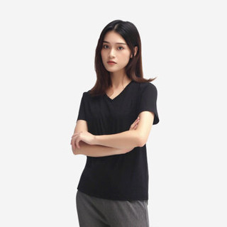 名创优品（MINISO）2019夏季新款 百搭纯色白色 修身打底 精棉女装V领短袖T恤 黑色 XL