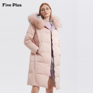 Five Plus 貉子毛领厚女中长款连帽外套大衣长袖羽绒服