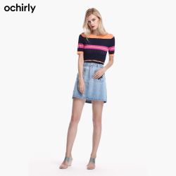 ochirly 欧时力夏装圆领撞色条纹短袖套头针织衫女1GY1030240