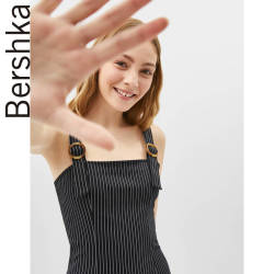 Bershka女士 2019夏季新款黑色条纹短款背带连衣裙 05581168800