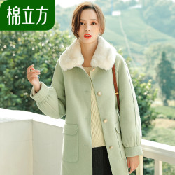 大衣女中长款2019流行新款秋冬棉立方气质韩版大毛领拼接呢子外套