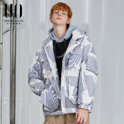 UO日系bf复古宽松雪花印花连帽加厚棉服男女情侣多口袋工装棉衣潮