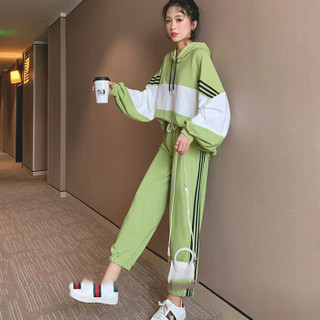 sustory 女装卫衣女2019韩版新款时尚休闲运动服学生连帽宽松秋款套装 QDsu351 绿色 XL