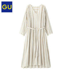 GU极优女装条纹V领长衫(7分袖)前排扣森系长款衬衫女320360