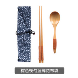 帝喜 日式和风餐具 收纳袋蓝碎花 棕色筷勺