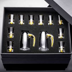 水晶玻璃创意小白酒杯一口杯镶金箔分酒器子弹杯酒具套装礼盒12只