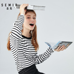 Semir/森马 圆领条纹撞色刺绣保暖毛衣针织衫