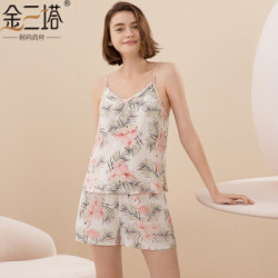 金三塔睡衣套装女真丝印花吊带衣裤套家居服YSF9B407 白底火烈鸟花卉8169 M