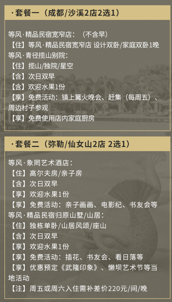 等风精品酒店4店1晚通兑房券 成都/大理沙溪/云南弥勒/重庆武隆