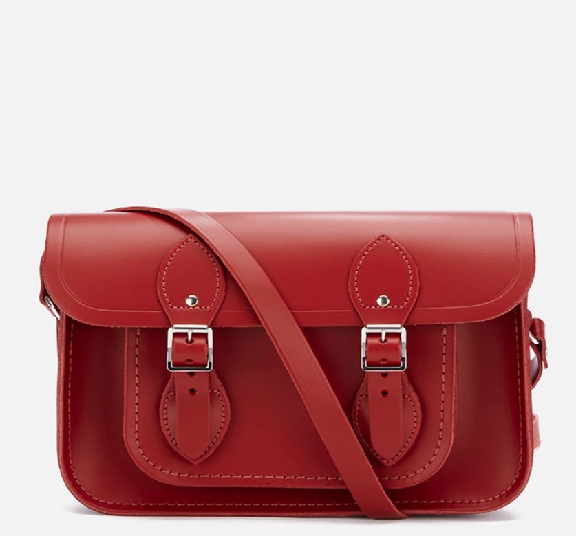 Cambridge Satchel 女生牛皮纯色翻盖搭扣斜挎剑桥包 红色 11英寸