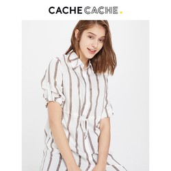 CacheCache2019春夏新款港味复古条纹抽绳收腰显瘦中长款衬衫女潮