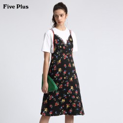 FIVE PLUS女夏装V领雪纺连衣裙吊带碎花裙中长款高腰修身拼接 *3件