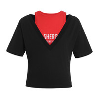 设计师品牌 JDX  SIMONGAO T恤 胶囊系列 SHERO刺绣 拼接 V领 上衣 黑/红 S