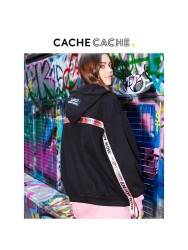 CacheCache外套女秋冬百搭连帽夹克外套韩版宽松飘带bf风黑色卫衣