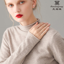 新款半高卷边堆领纯羊绒衫女短款套头纯色修身长袖针织衫打底毛衣