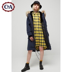 C&A荷叶边纯棉格子连衣裙女 秋新款长袖A字休闲长裙CA200212045