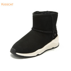 接吻猫秋冬矮靴女新款羊毛皮保暖厚底一脚蹬雪地靴KA98891-10