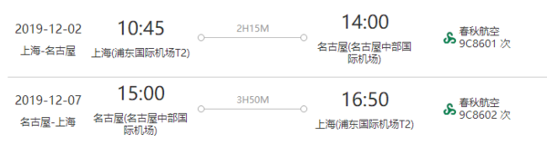正点航班不熬夜！上海-日本名古屋6天往返含税机票+西瓜卡