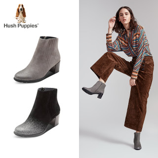 Hush Puppies 暇步士 冬季专柜同款羊皮革粗跟套筒女靴