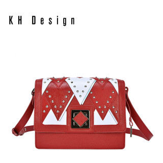 KH Design 明治 真皮菱形铆钉锁扣撞色单肩斜挎包牛皮