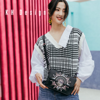 KH Design 明治 女包刺绣斜挎包真皮小方包