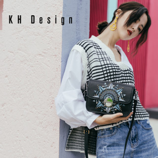 KH Design 明治 女包刺绣斜挎包真皮小方包
