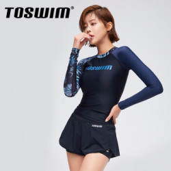 TOSWIM平角短泳裤裙式长袖游泳衣女保守运动性感显瘦分体2019新款 深邃密叶-分体款 L *2件