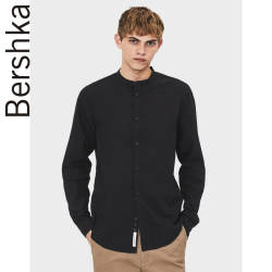 Bershka男士 2019新款黑色商务休闲立领全棉衬衫上衣 01105335800