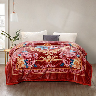 富安娜冬季加厚保暖婚庆法兰绒毛毯被子卧室垫床床单红色结婚毯子