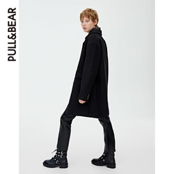 PULL&BEAR 中长款黑色连帽粗呢大衣女外套女秋冬百搭 09750301