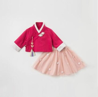 dave&bella 戴维贝拉 女童汉服裙2件套 玫红【常规款】 73cm（18M(建议身高66-73cm））
